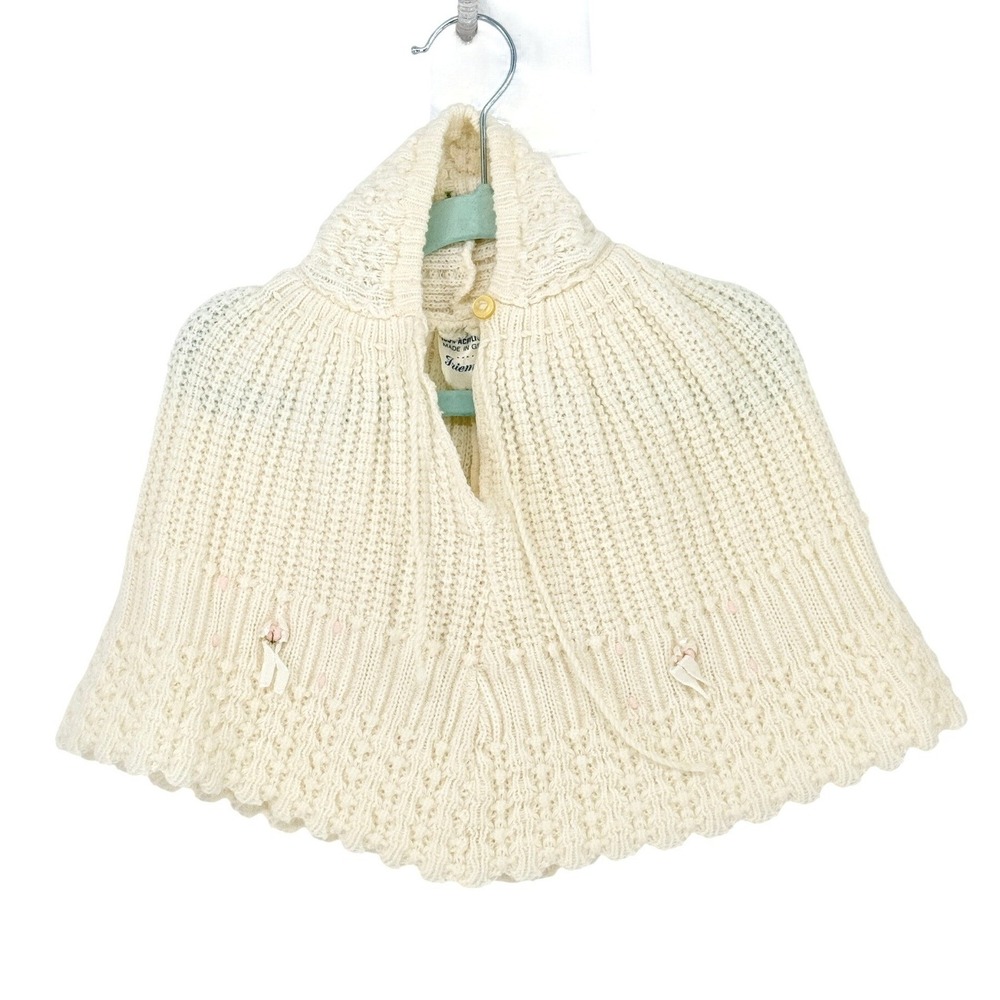 Friemanit Vintage Cream Knit Hooded Baby Poncho Made in Greece Scalloped Hem
